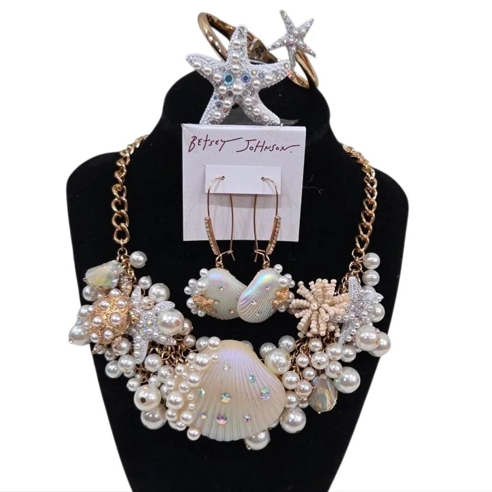 Betsey Johnson Cruise Control Clam Sea Turtle Pearl Earring + Necklace Bracelet